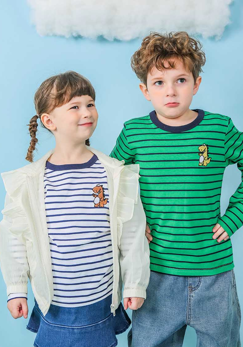 Boys and Girls Dino Stripe Cotton T-Shirts - Green